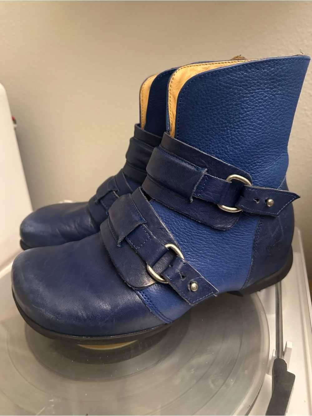 John Fluevog Blue Leather Ankle Boots with Tan Lining